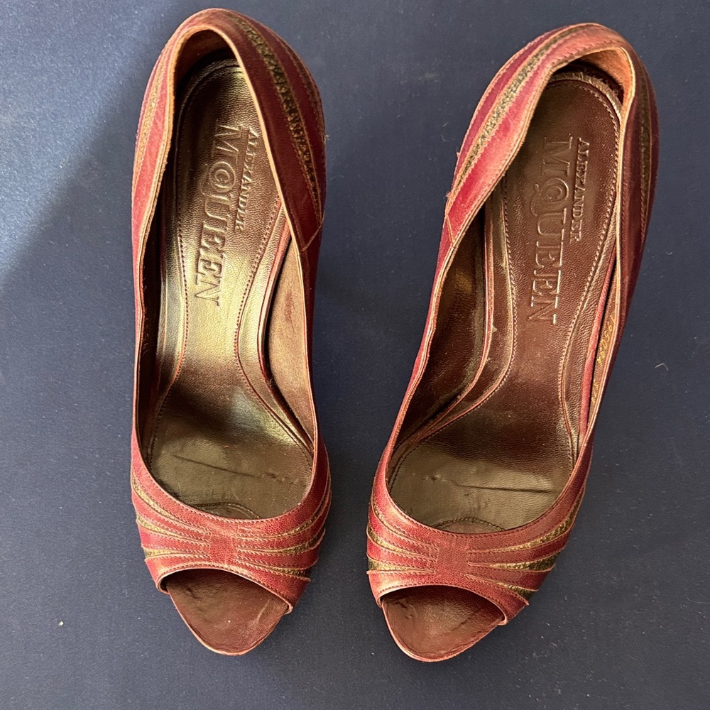 Alexander McQueen Burgundy Peep Toe Heels
